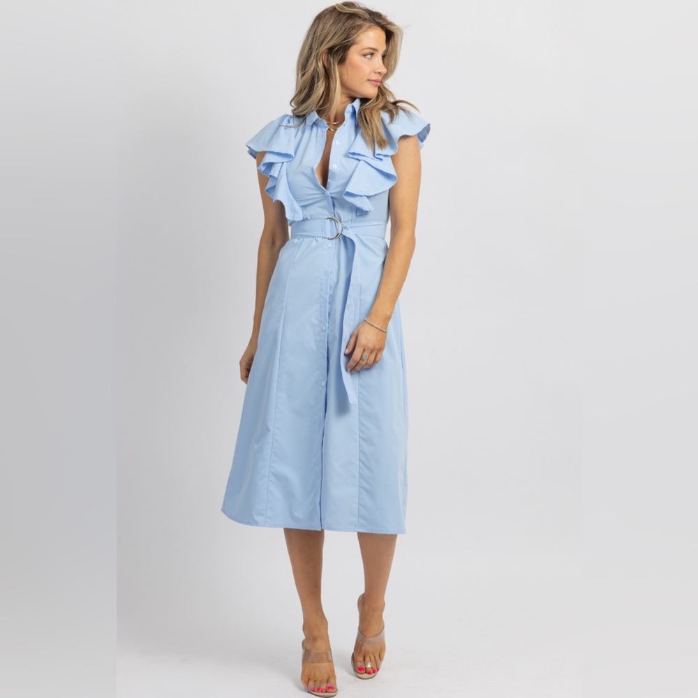 L’ABEYE POWDER BLUE COLLAR + RUFFLE MIDI DRESS